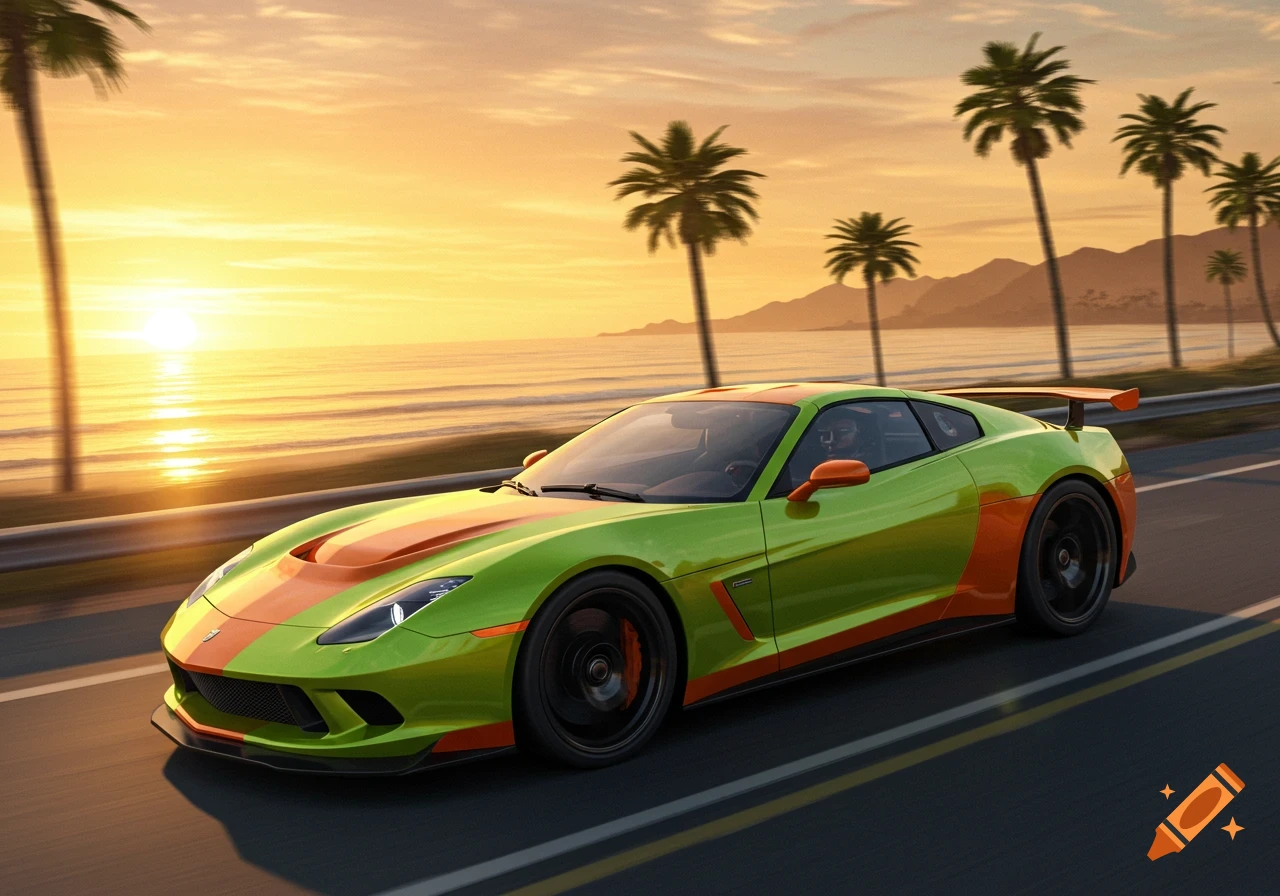 A vibrant green and orange sports car drives on a coastal road at sunset with palm trees and ocean in the background.