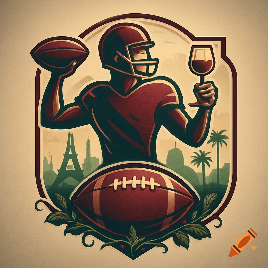 Stylized football logo with a player holding a football and a wine glass, against a backdrop of the Eiffel Tower and palm trees.