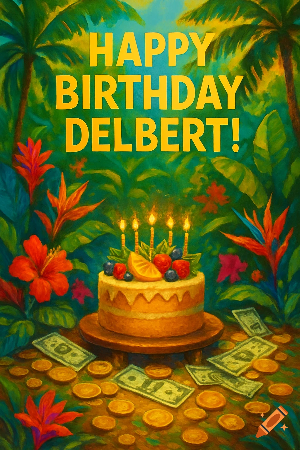 A vibrant, illustrative birthday card with text 'HAPPY BIRTHDAY DELBERT!' above a cake, tropical plants, and scattered money.