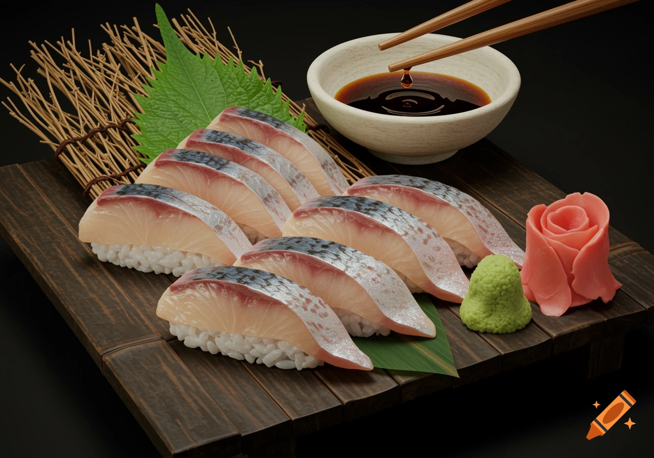 Photorealistic close-up of sushi nigiri with fish slices on a wooden board, with soy sauce, chopsticks, wasabi, and ginger.
