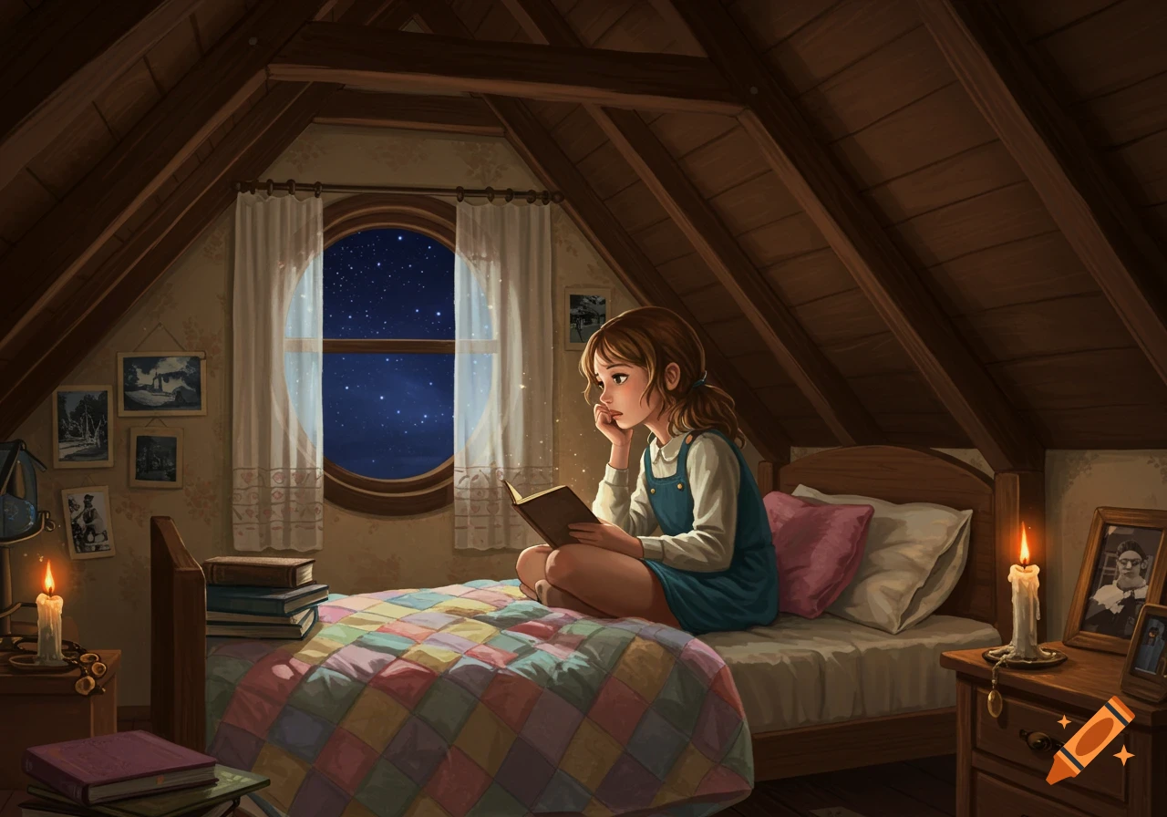 A young girl with brown hair sits cross-legged on a bed in a cozy attic bedroom at night, reading a glowing book. A round window shows a starry sky.