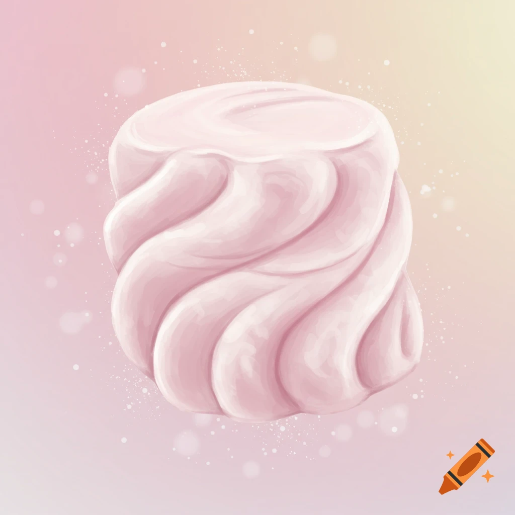 A soft pink twisted marshmallow set against a pastel pink and yellow gradient background with small white specks.