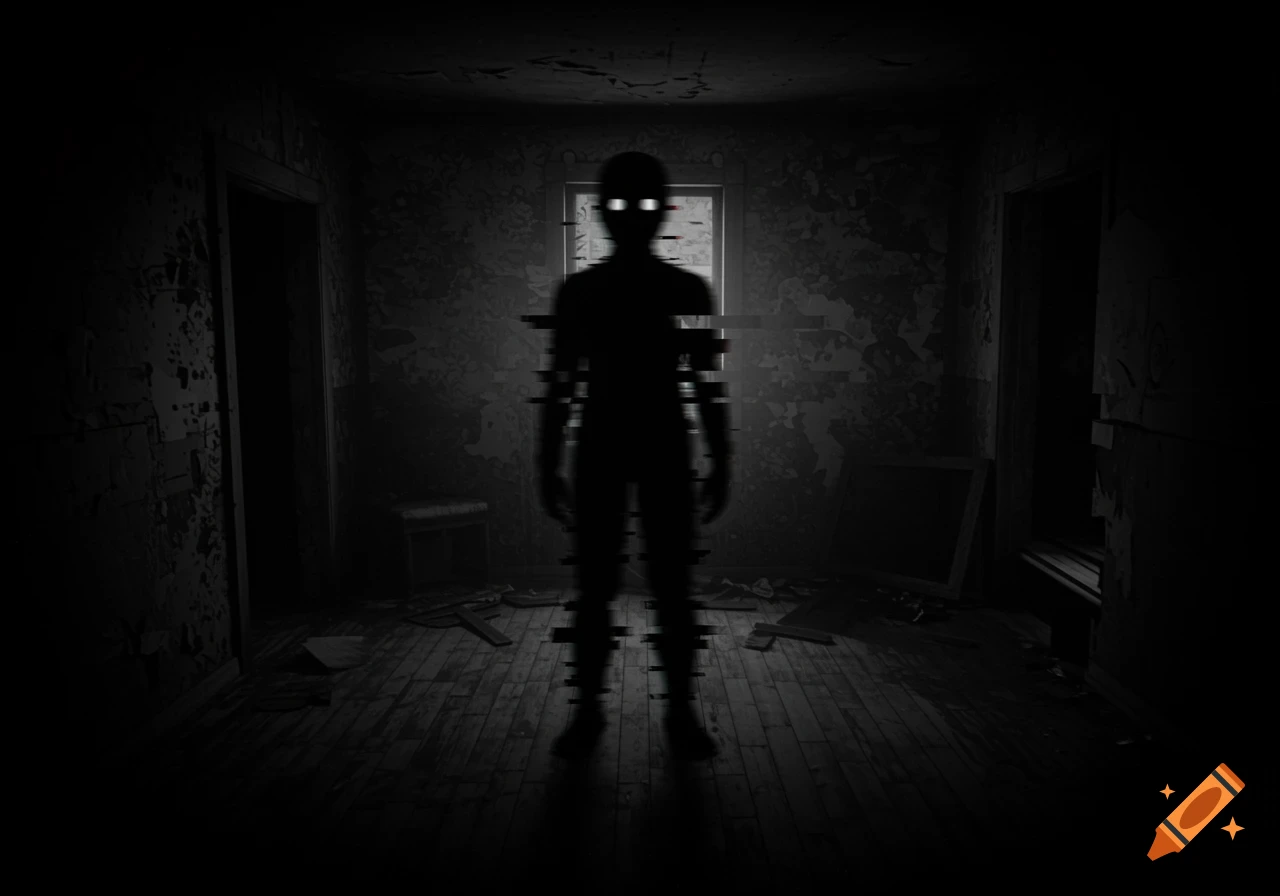 A grainy, black-and-white image of a shadowy, glitching humanoid figure with glowing eyes standing in a dark, abandoned room.