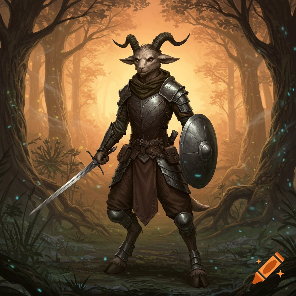 A bipedal goat-like warrior in armor, holding a sword and shield, stands in a glowing forest. Fantasy art.