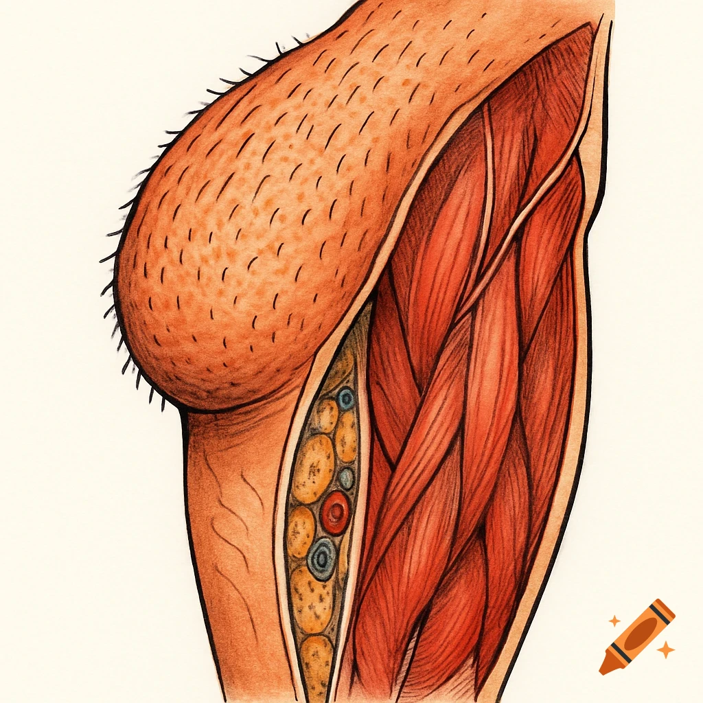 A stylized anatomical diagram of a human thigh, showing exaggerated hairy skin, fatty tissue with a cellulite texture, and muscle layers.