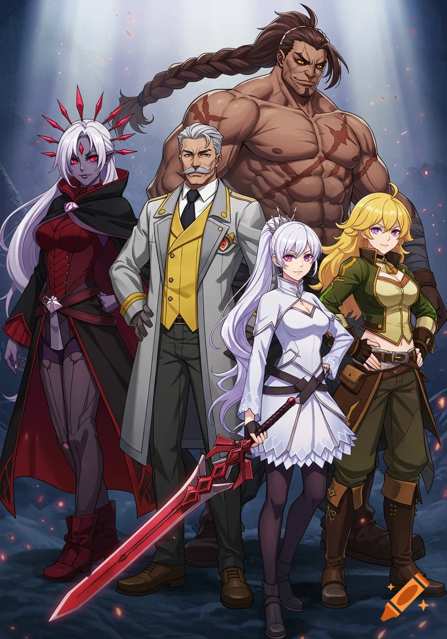 A group of anime/fantasy characters, including two women and three men, standing together with one holding a red sword.