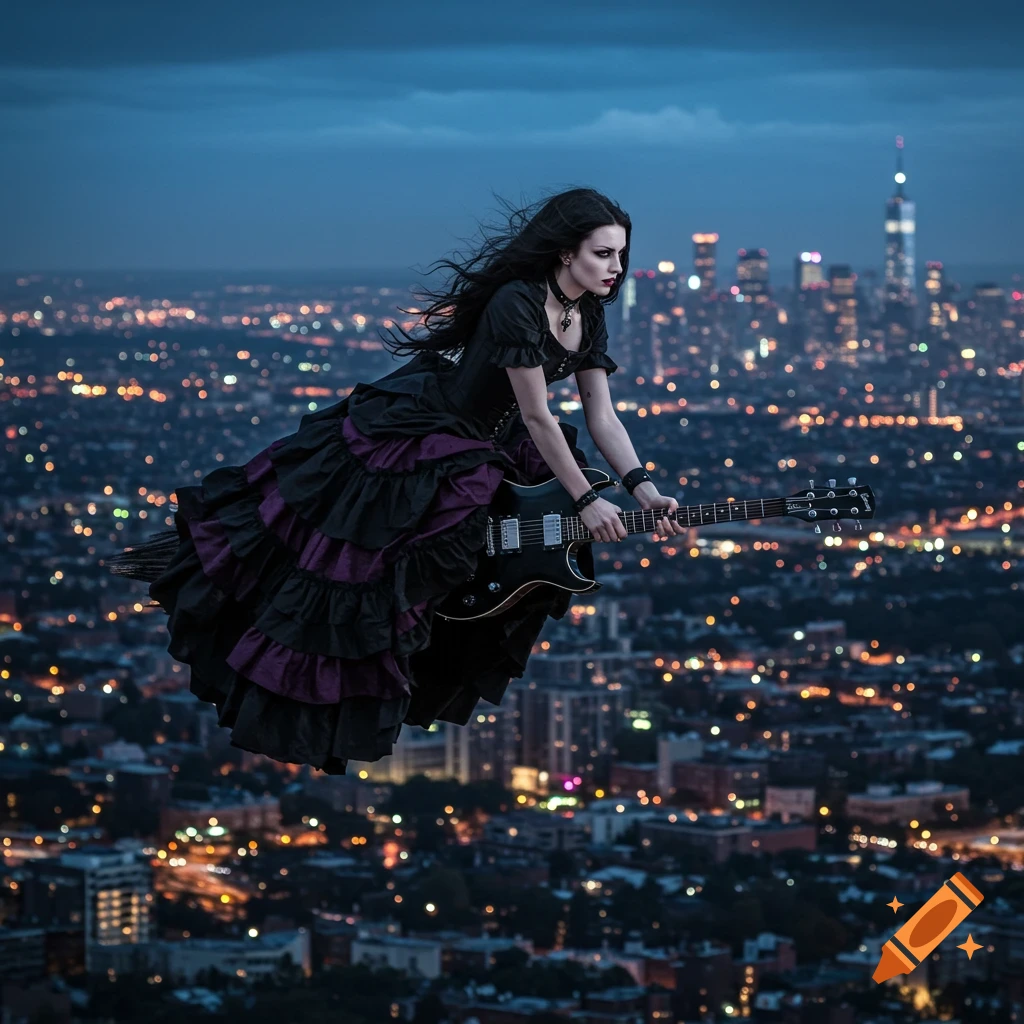 A goth woman with dark hair in a black and purple dress rides an electric guitar over a city at night, like a witch on a broomstick.