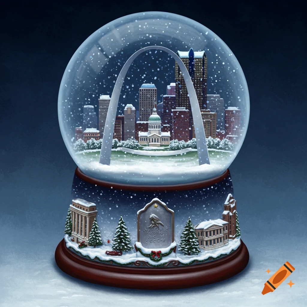 A detailed snow globe featuring a snowy St. Louis cityscape with the Gateway Arch, Old Courthouse, and other buildings inside, surrounded by falling snow.