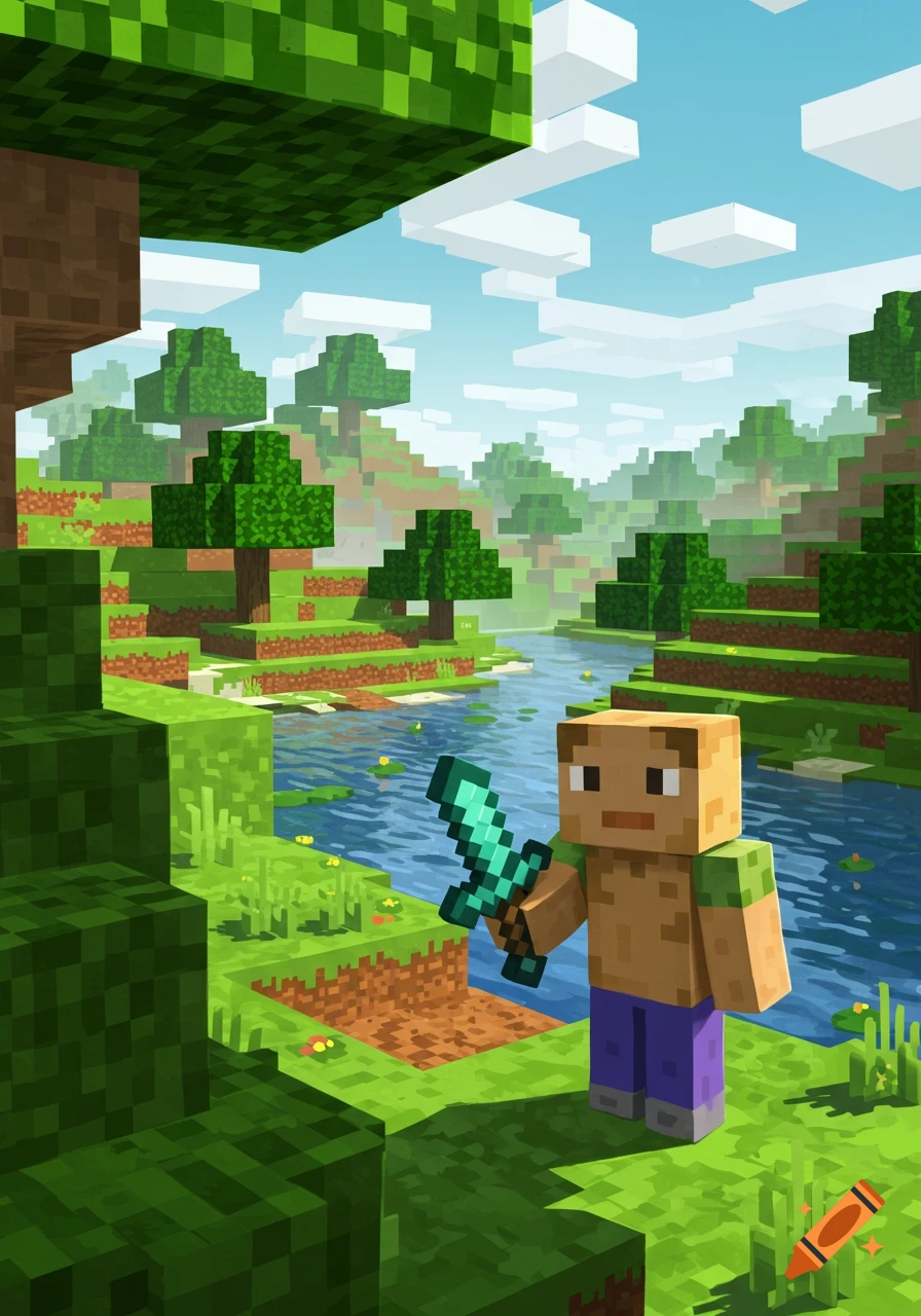 A blocky character in a Minecraft-style world, holding a sword beside a river with trees and hills.