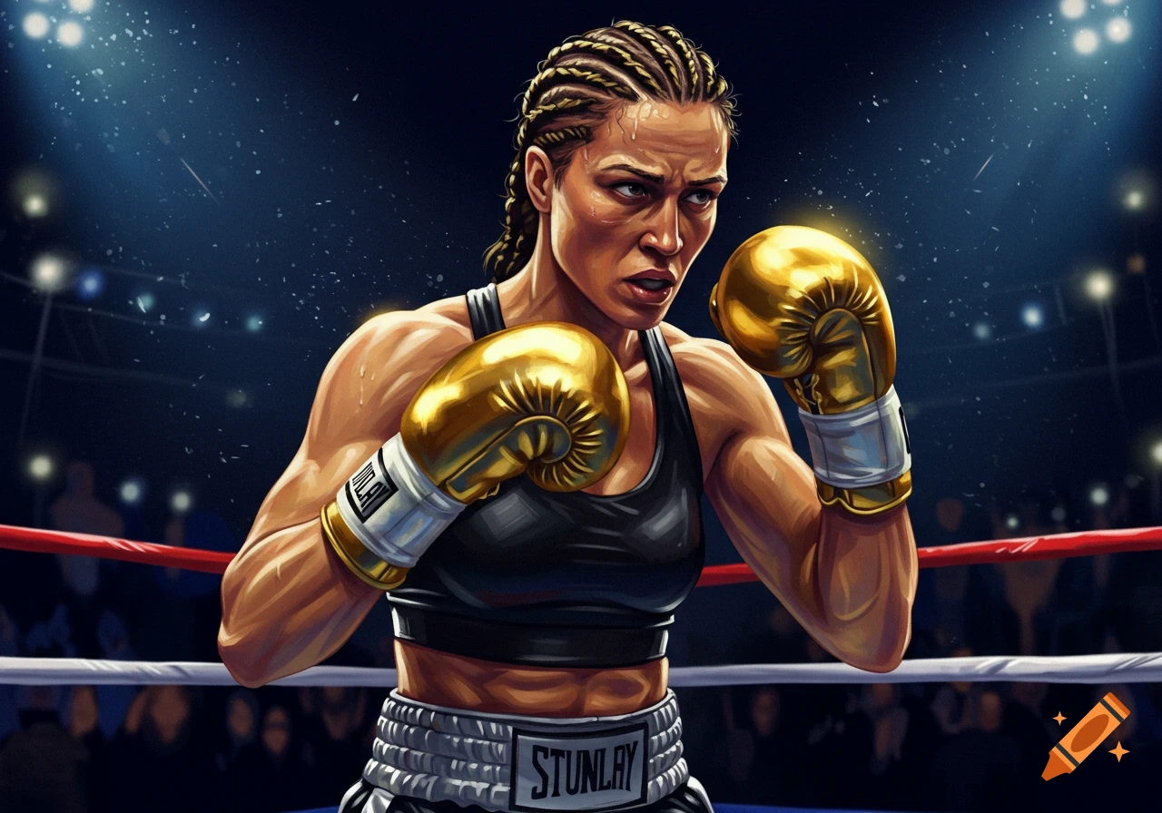 An illustrated portrait of a female boxer with braided hair and golden gloves, standing in a boxing ring under bright lights.