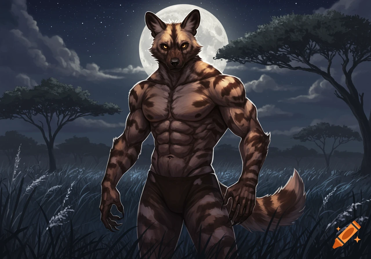 A muscular anthropomorphic African painted dog werewolf stands under a full moon in a savanna at night.