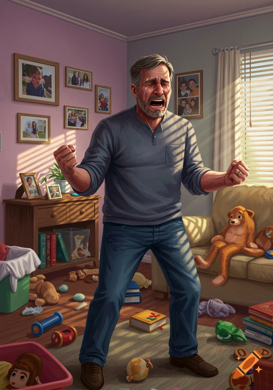 An illustration of a distressed father crying and clenching his fists in a messy room filled with scattered toys and household items.