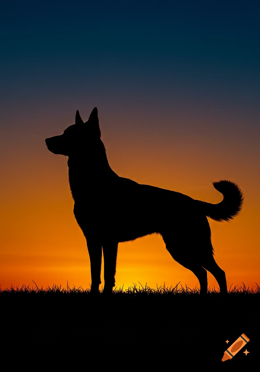 Silhouette of a dog standing on grass against a vibrant sunset sky.
