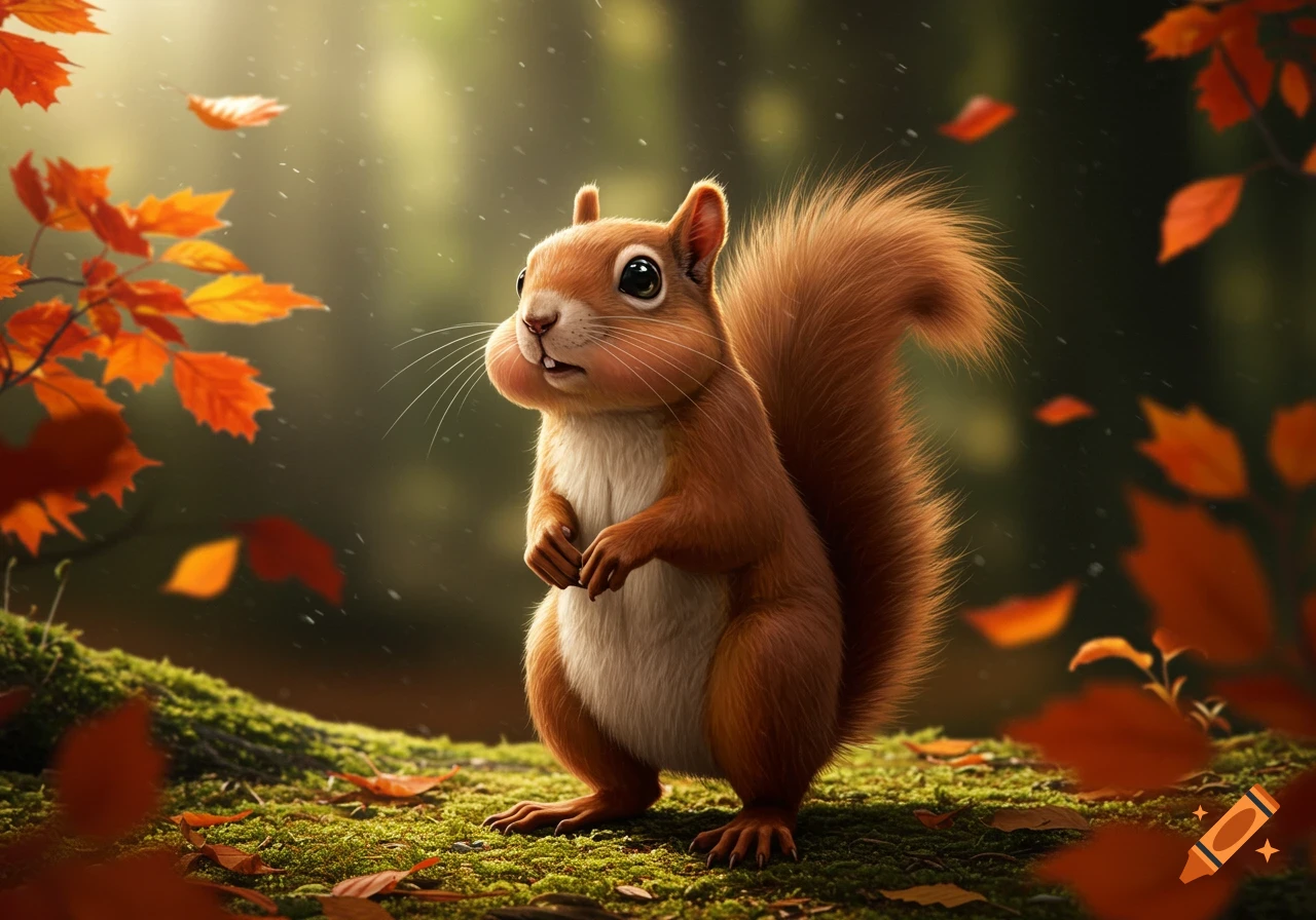 A photorealistic squirrel with puffed cheeks stands on mossy ground surrounded by autumn leaves in a forest.
