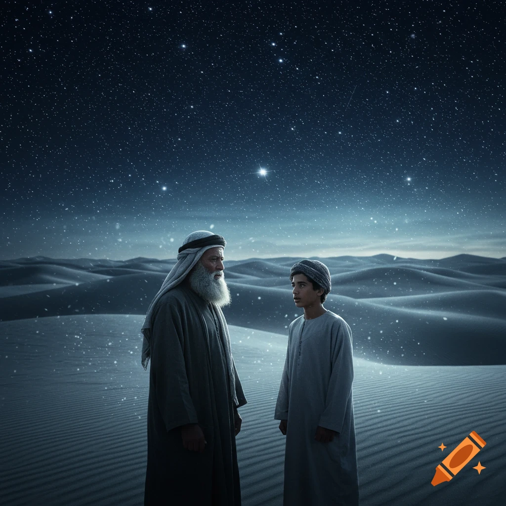 A photorealistic image of an older bearded man and a young boy standing in a vast desert under a starry night sky.