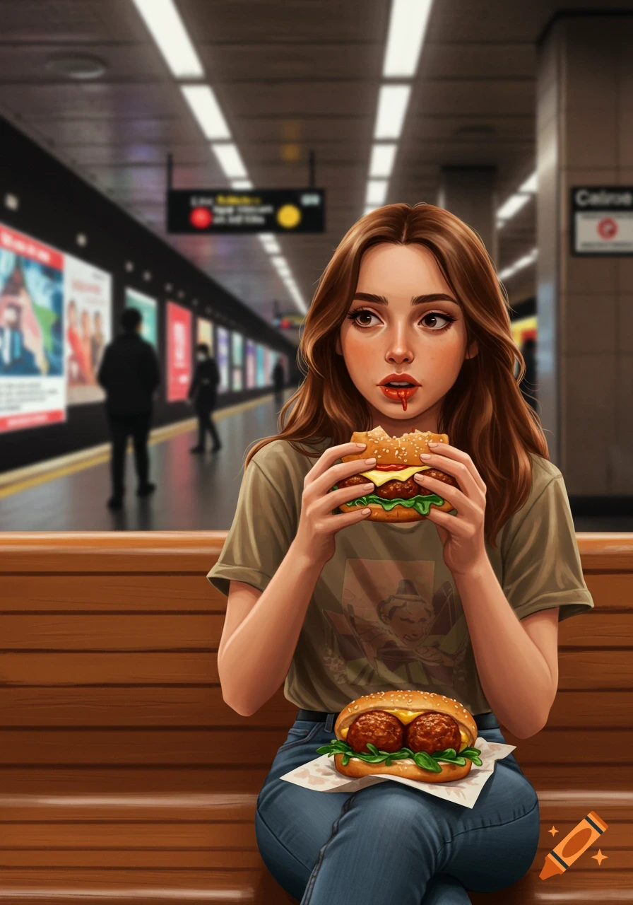 A stylized illustration of a girl sitting on a subway bench, eating a burger. Sauce drips from her mouth as another sandwich rests on her lap.