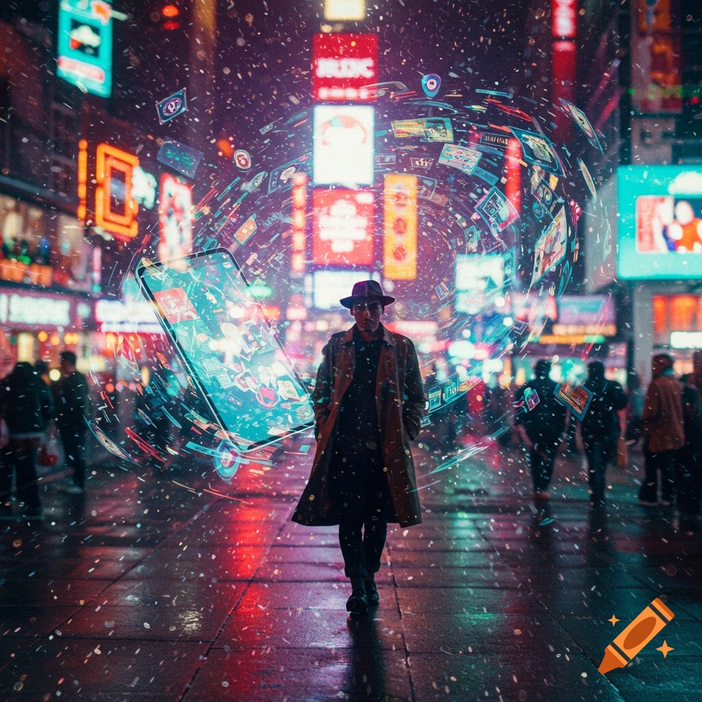 A person in a trench coat walks through a neon-lit city at night, surrounded by a swirling vortex of digital screens and a giant glowing smartphone.