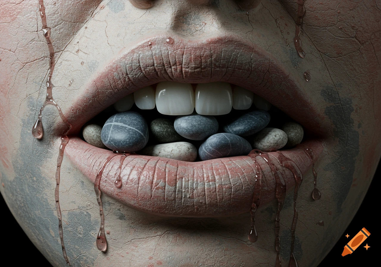 Close-up of a cracked, dry mouth with smooth stones inside and tear-like droplets trickling down.