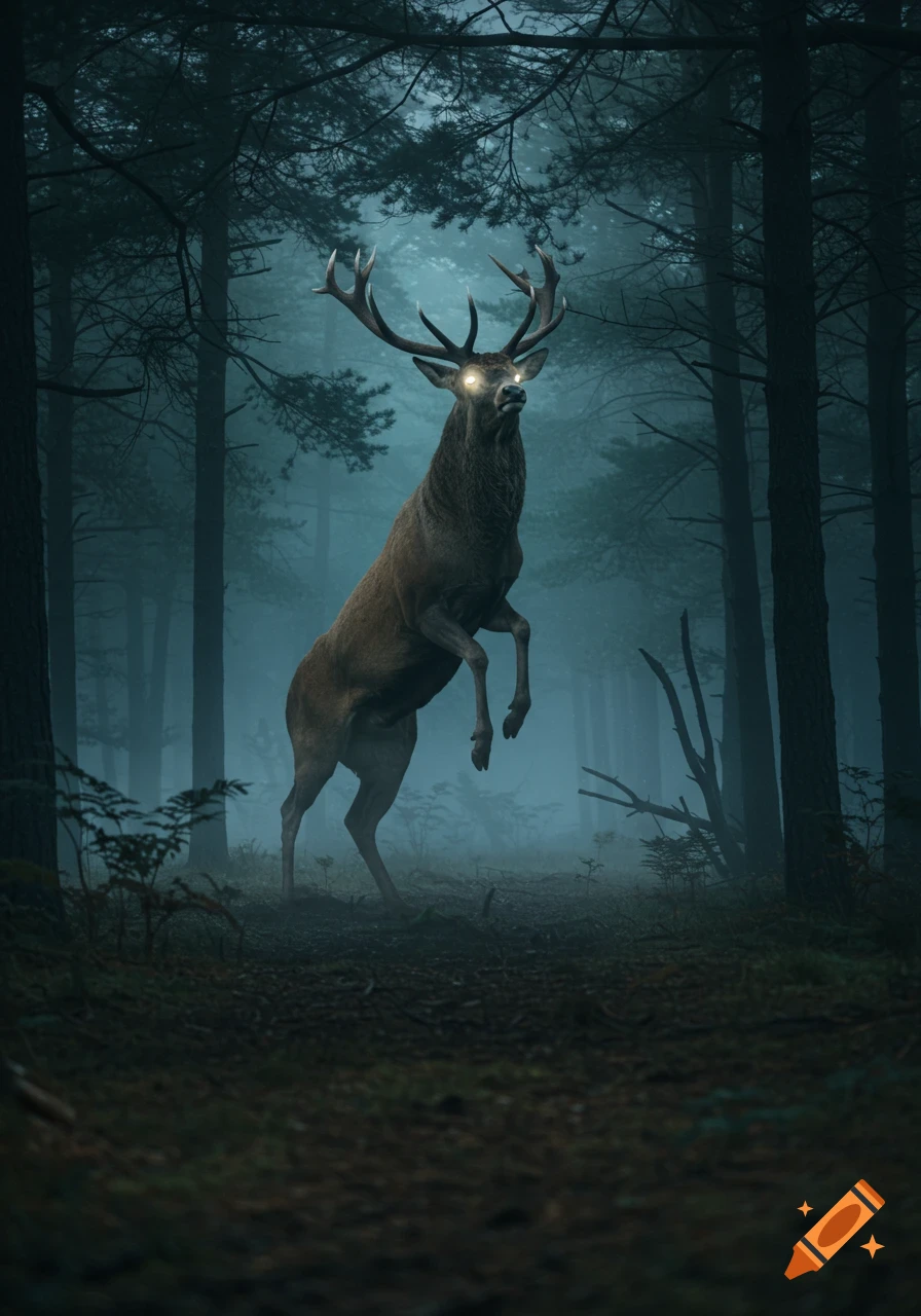 A tall deer with glowing eyes stands on its hind legs in a dark, misty forest at night.
