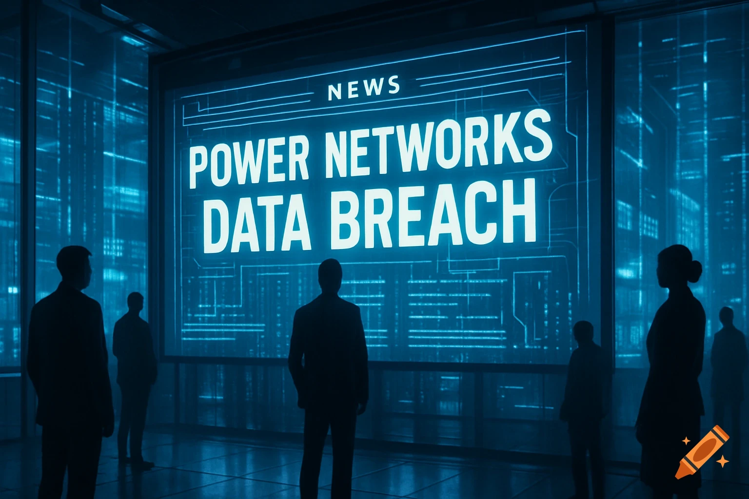 Silhouetted figures observe a large blue screen displaying "NEWS: POWER NETWORKS DATA BREACH" in a futuristic room.