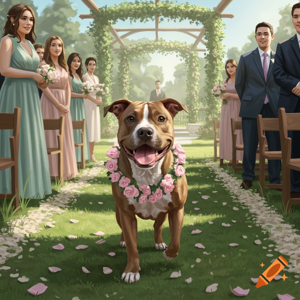 A painting of a happy brown and white pit bull dog with a flower garland, walking down a wedding aisle scattered with pink petals.