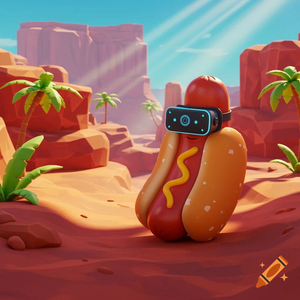 A cartoon hot dog wearing a VR headset in a stylized desert canyon with palm trees.