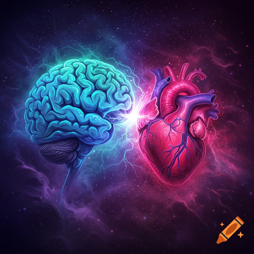 A vibrant, stylized illustration of a glowing blue brain and a red heart facing each other in a cosmic background with energy bolts.