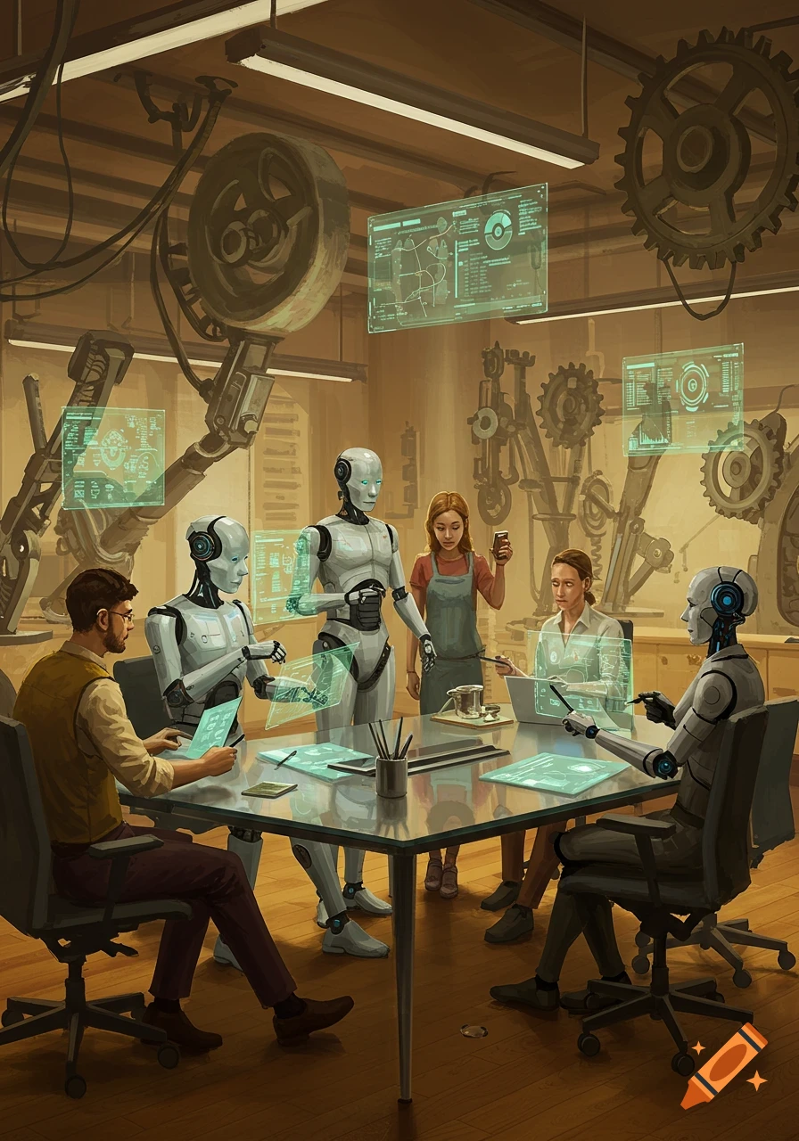 Humans and humanoid robots collaborate around a table in a workshop, surrounded by holographic screens displaying data.