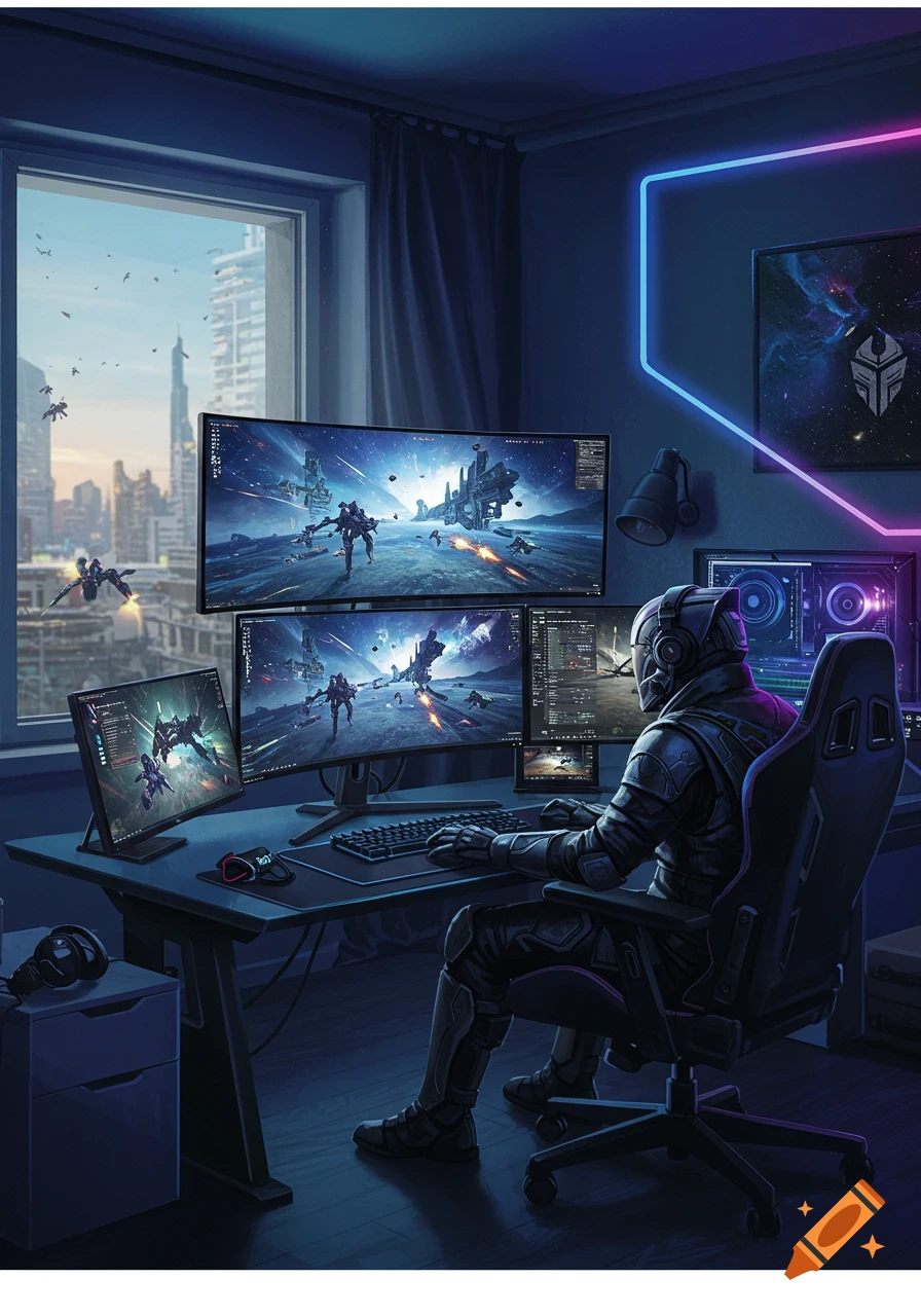 A futuristic gamer in a cybernetic suit plays a space combat video game on a multi-monitor setup in a neon-lit room overlooking a futuristic city.