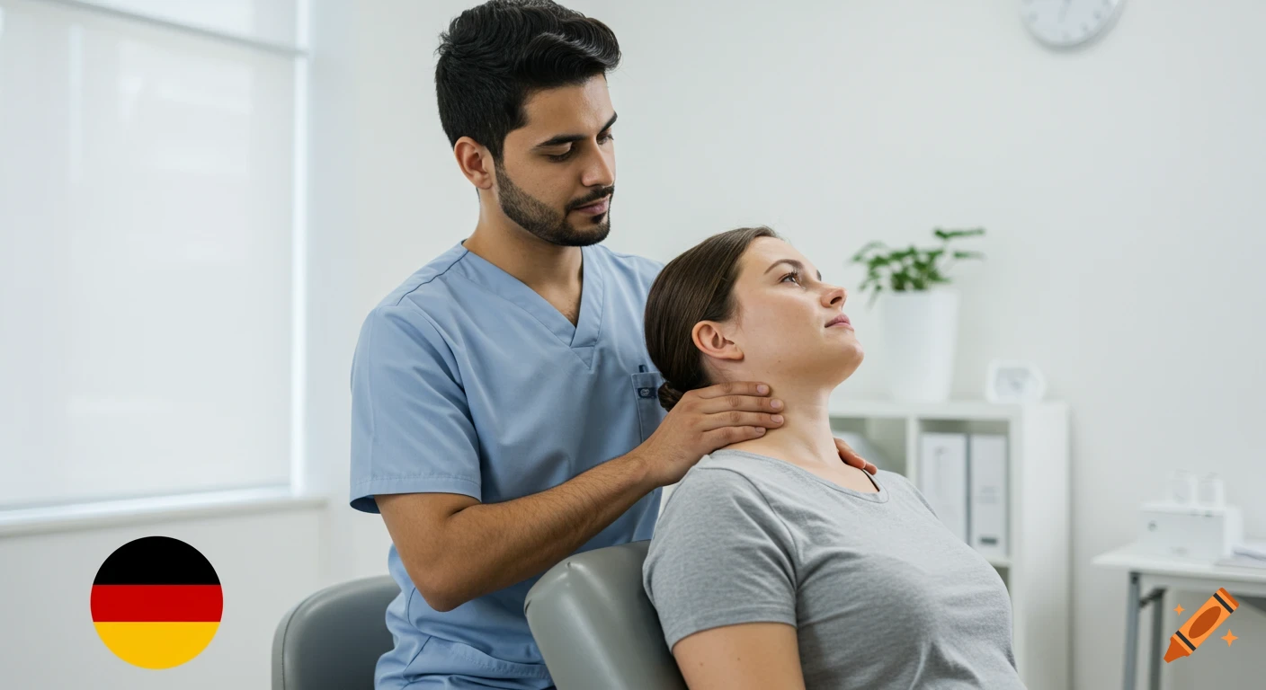A male physical therapist treats a female patient's neck pain in a bright, modern clinic, with a German flag icon.
