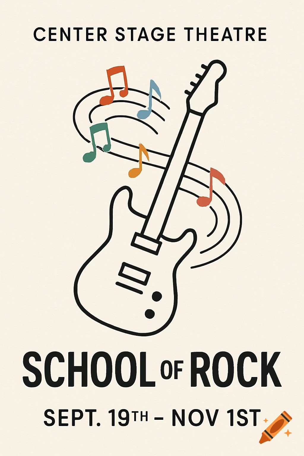 Minimalist poster for 'School of Rock' with a guitar outline, colorful musical notes, and event details.