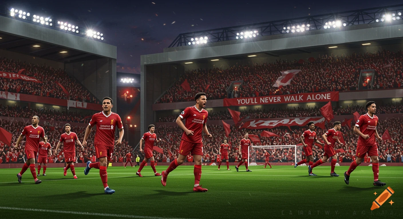 Photorealistic image of Liverpool football players on a green field in a packed red stadium under floodlights.