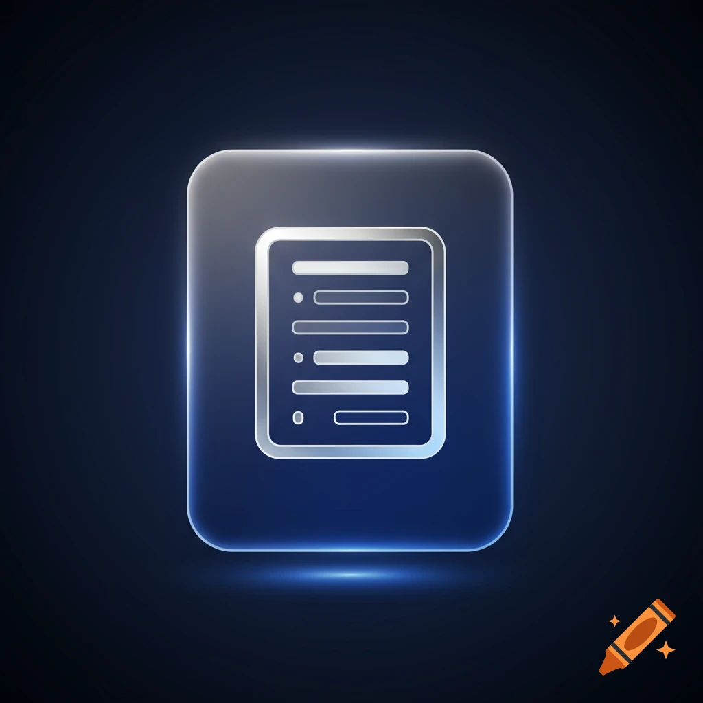 A silver icon of a document or data sheet with lines and bullet points, set on a glowing blue rounded square against a dark background.