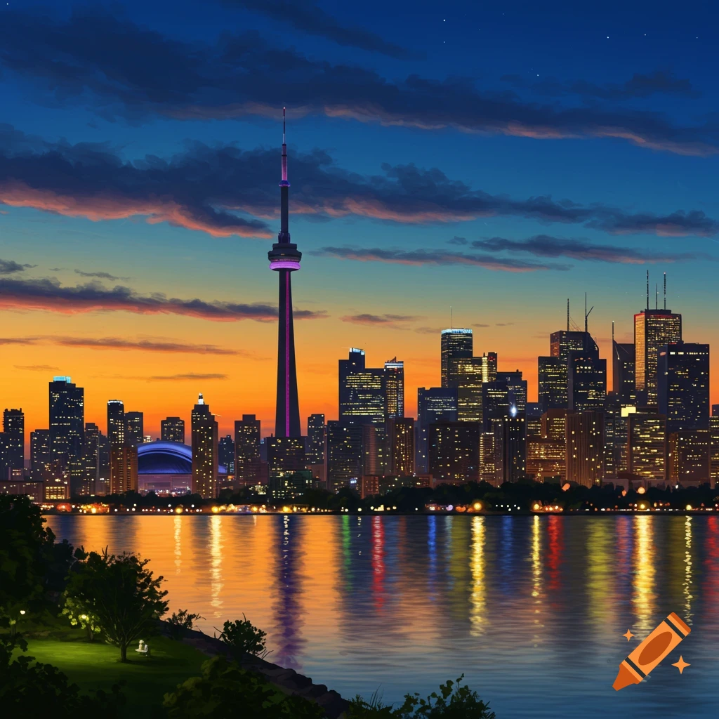 A vibrant Toronto cityscape at dusk with the illuminated CN Tower and skyscrapers reflected in the water.