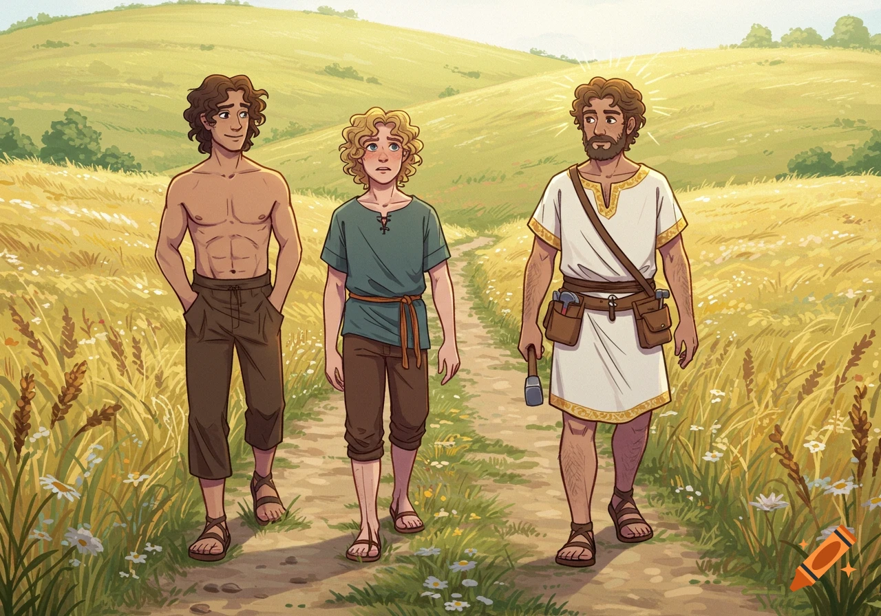 Cartoon drawing of three men walking on a dirt path through a sunny, golden field. One is shirtless, another in a tunic, the third in a white robe.