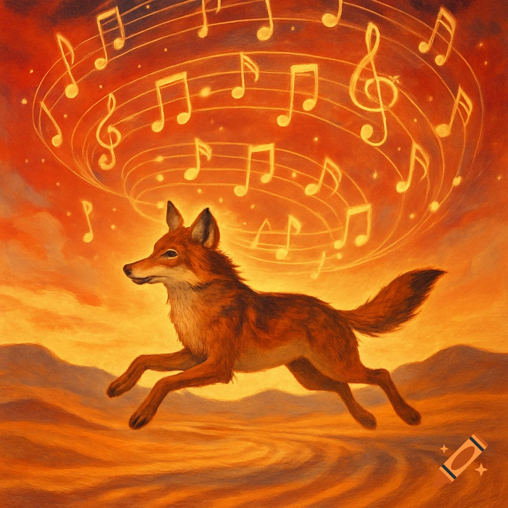 A red fox leaps through an orange desert landscape with glowing musical notes swirling above it in an artistic illustration.