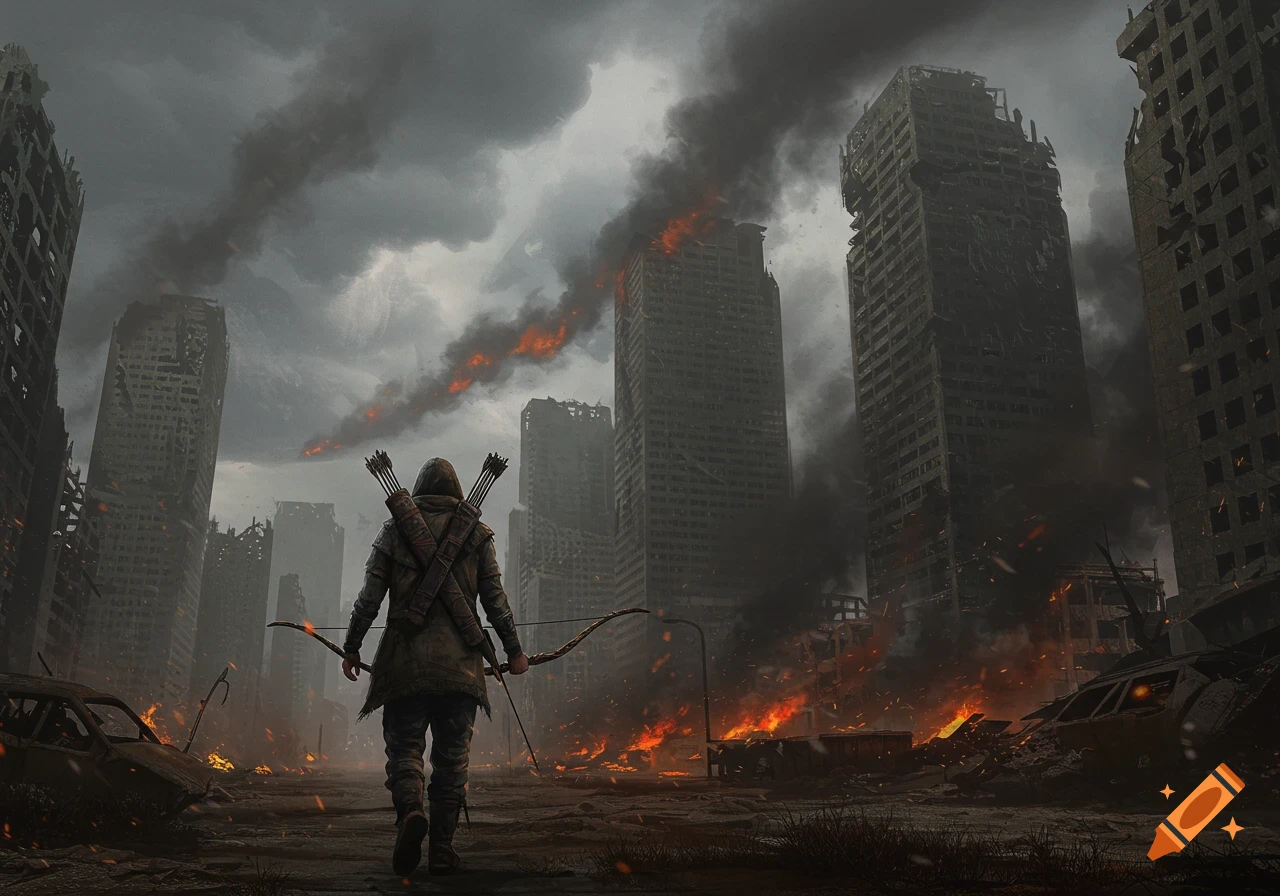 A lone survivor walks through a burning, ruined city with a bow and quiver, ash falling from dark clouds.