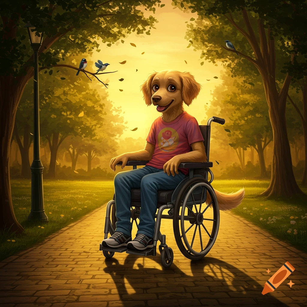A humanoid golden retriever dog in a wheelchair smiles on a sunlit park path, surrounded by trees and falling leaves.
