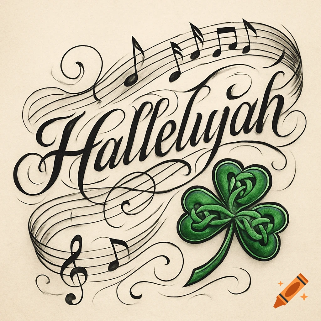 A tattoo-style design featuring the word 'Hallelujah' in elaborate calligraphy, interwoven with music notes and a green Celtic shamrock.