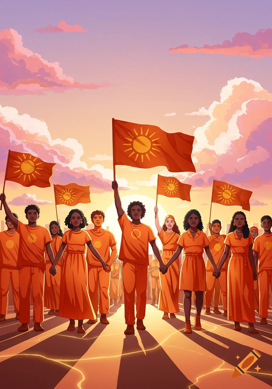 Diverse people in orange march under a sunset sky, holding hands and flags with sun symbols in an illustrative style.