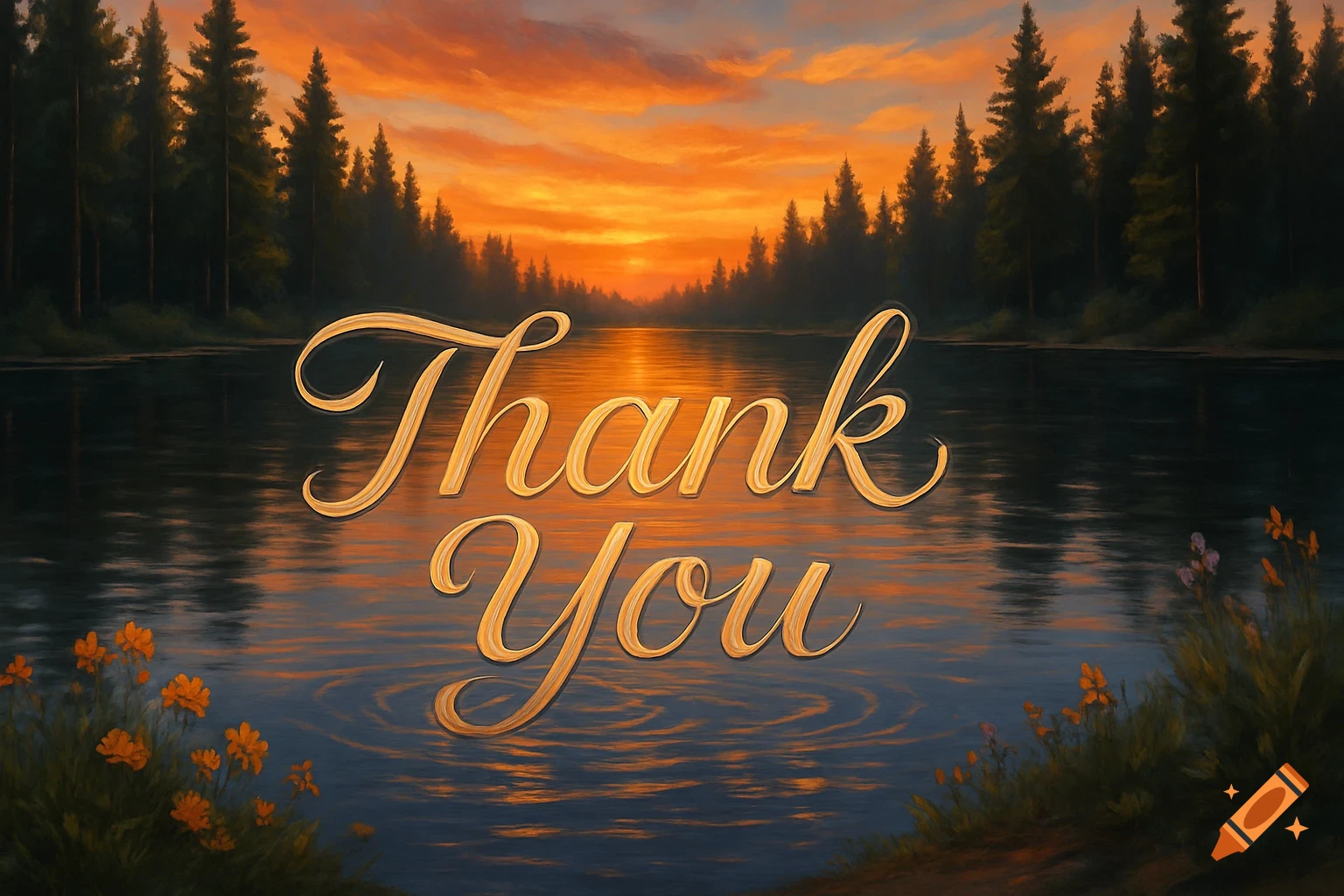 Golden 'Thank You' text floats over a calm lake reflecting an orange sunset behind a forest of pine trees.