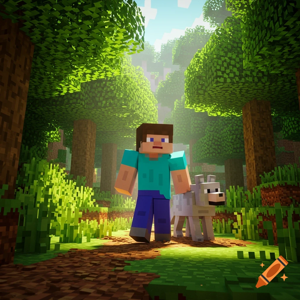 Steve and his wolf pup explore a blocky Minecraft forest, looking scared.