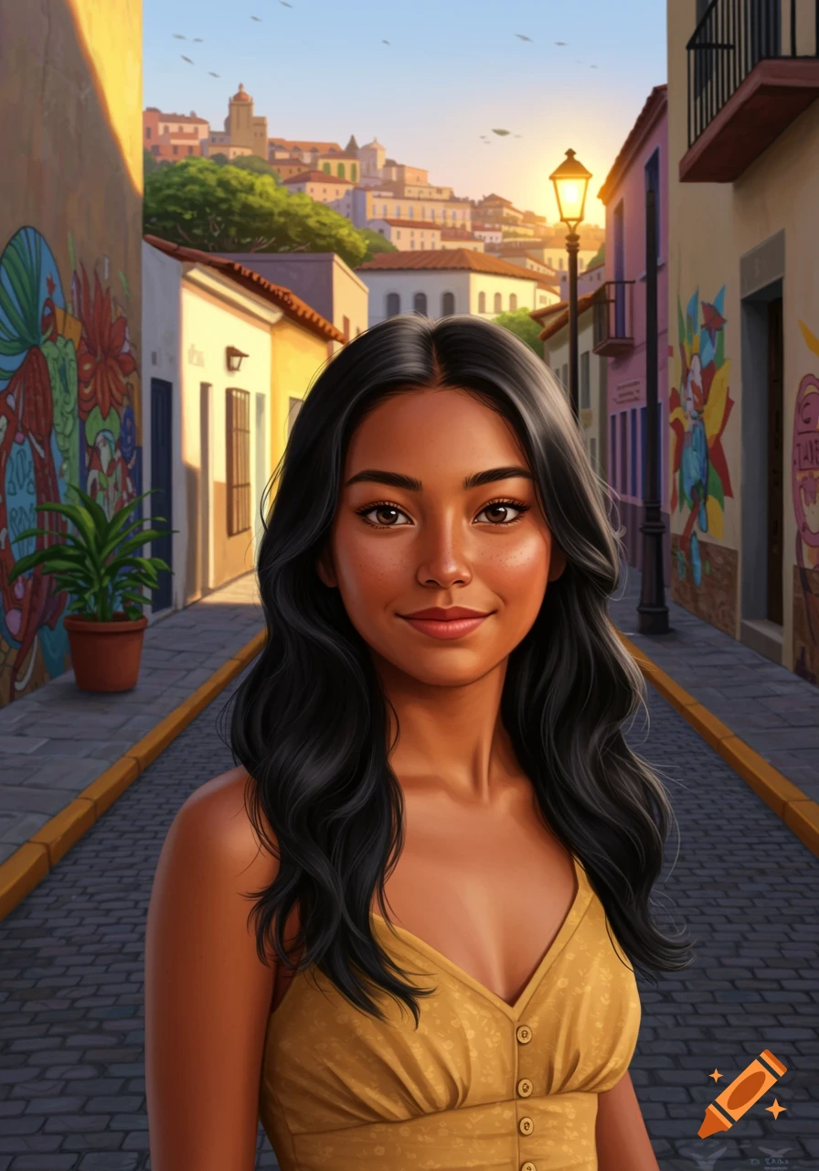 A smiling young woman with dark hair stands on a cobblestone street in a colorful old town at sunset.
