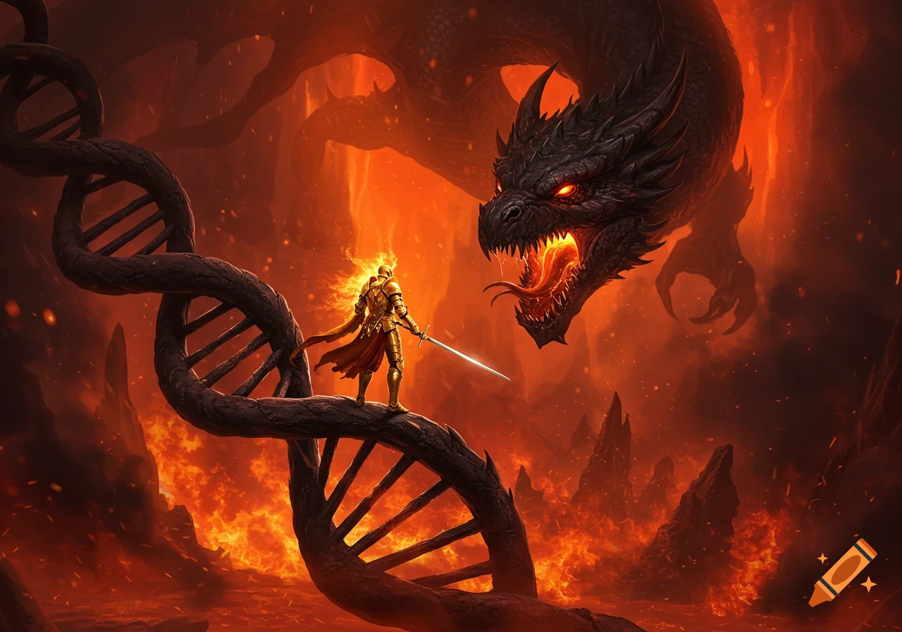 A golden knight stands on a giant DNA strand, facing a roaring black dragon in a fiery, hellish landscape.