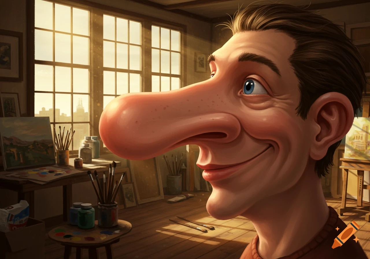 A smiling man with an exaggeratedly large nose is depicted in a cartoonish style, standing in a sunlit artist's studio.