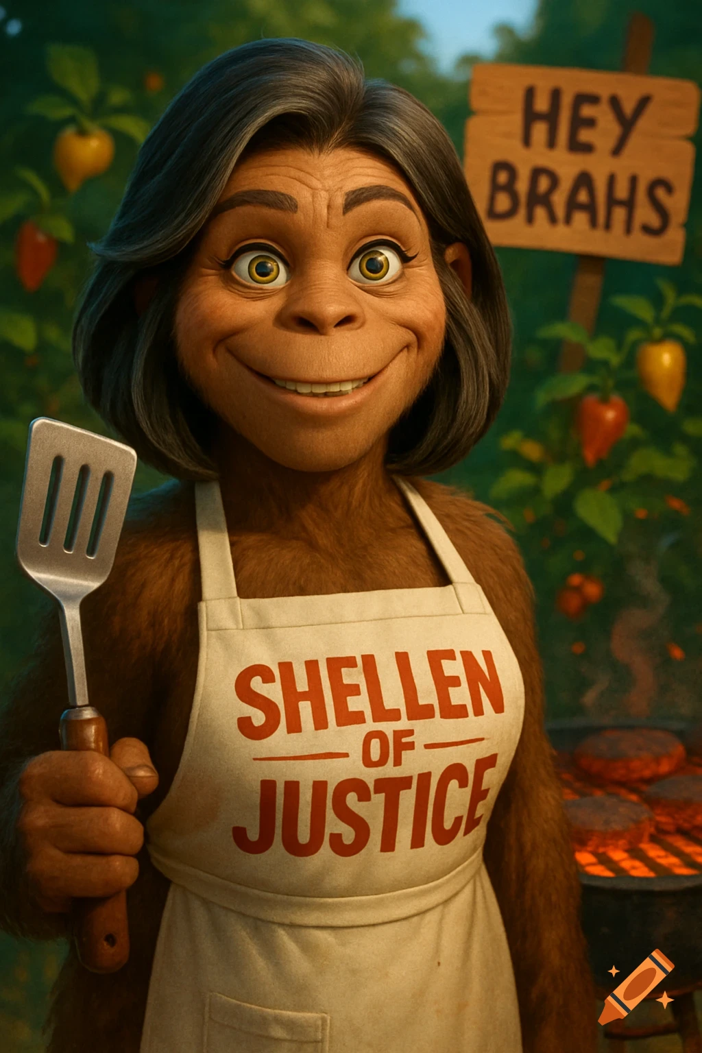 CGI cartoon of a smiling female sasquatch in a 'SHELLEN OF JUSTICE' apron holding a spatula at a BBQ, with a 'HEY BRAHS' sign.