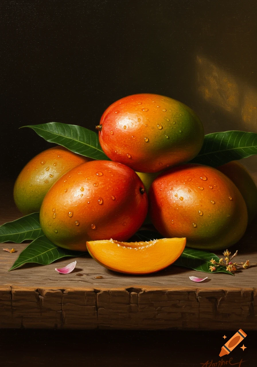 A photorealistic still life painting featuring a pile of ripe mangoes with water droplets and green leaves on a wooden surface.