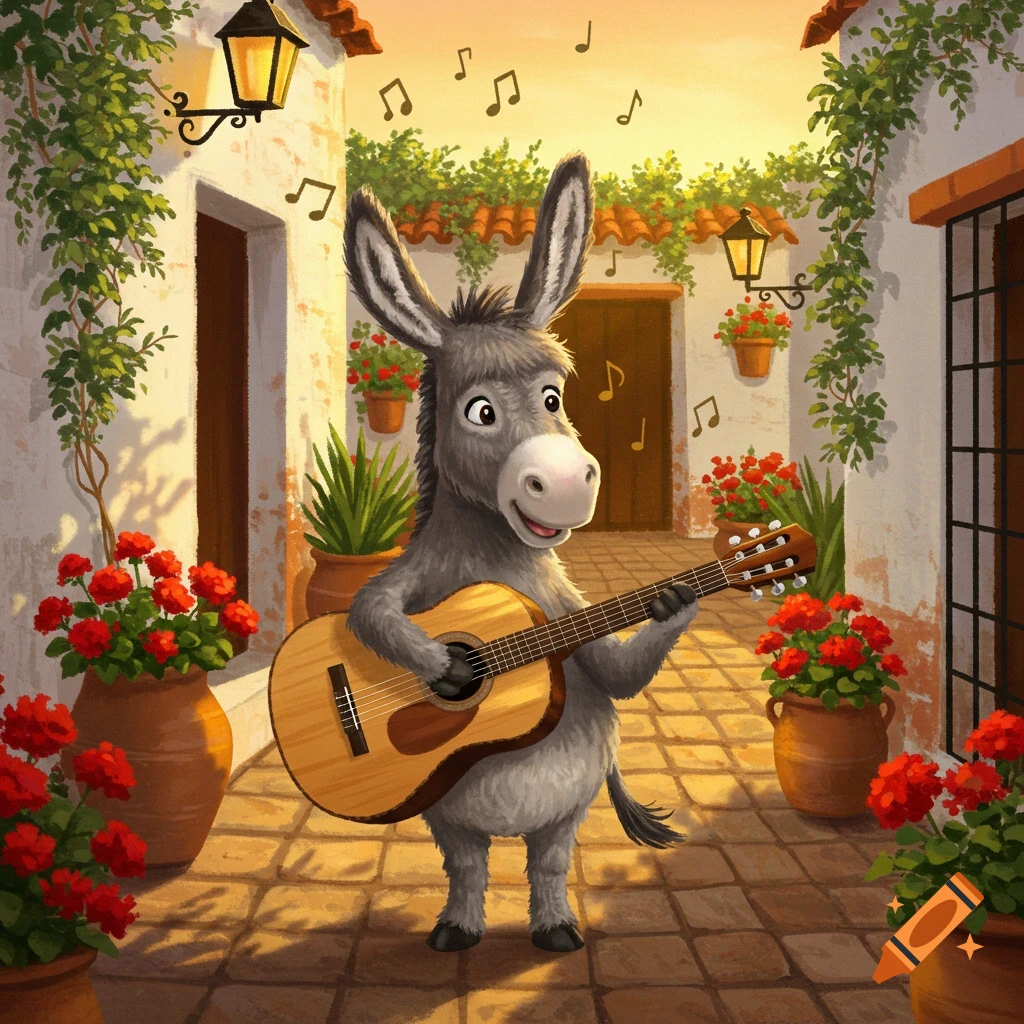 A smiling cartoon donkey plays a guitar in a sunny, flower-filled Spanish-style courtyard with music notes floating above.