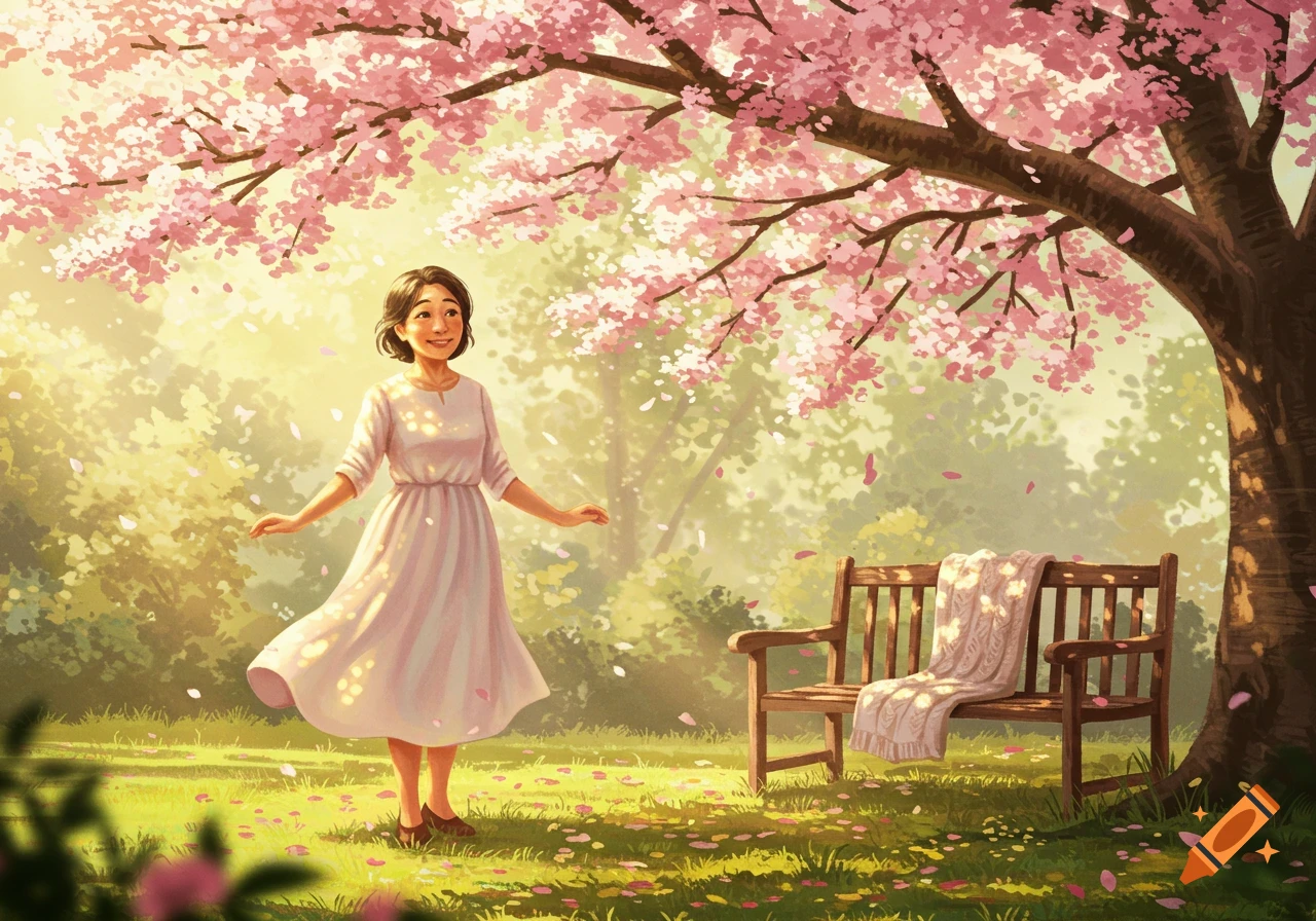 An illustrated woman in a white dress stands in a sunny park under a large cherry blossom tree with falling petals.