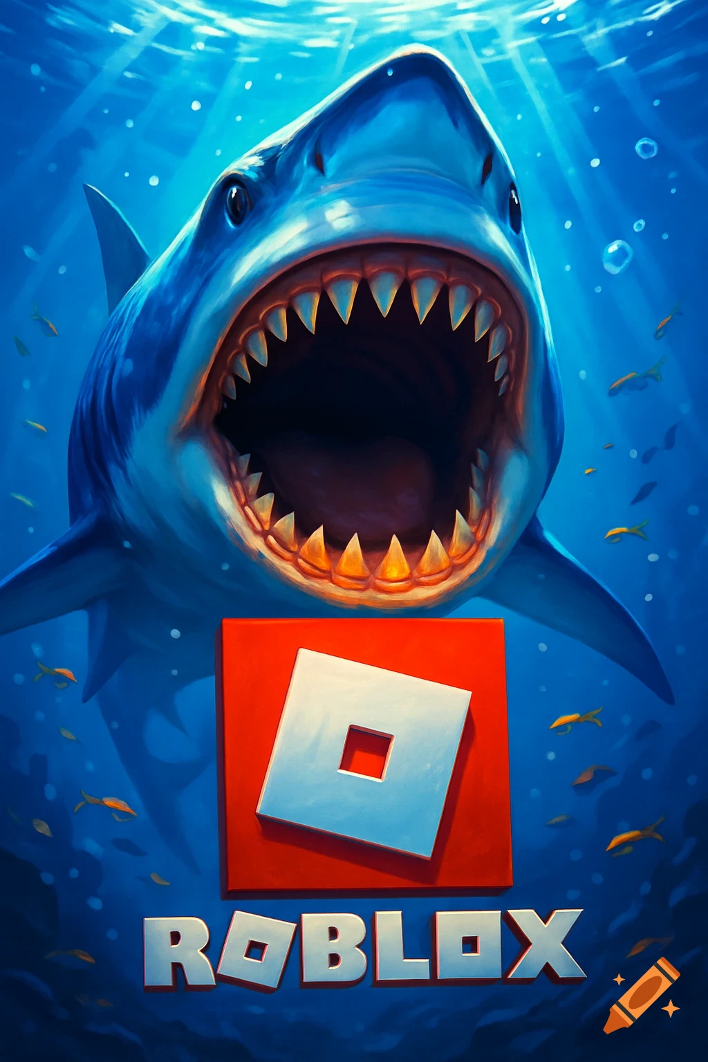 A large blue shark with its mouth open underwater, with the red Roblox logo and text below it. Illustrative style.